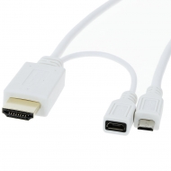 HDMI cable 1.5 meter Version: MHL Cable. Connector types: HDMI A Male + Micro-USB B Female to Micro-USB B Male. Length: 1.5 meter. Color: White.