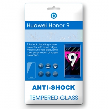 Huawei Honor 9 Tempered glass Anti-shock Tempered GlassUse the&nbsp; Anti-shock Tempered Glass. for&nbsp;optimal protection of your touchscreen. It protects your device against scratches, bumps&nbsp;and falling, this ensures a longer life of your display. This Anti-shock Tempered Glass&nbsp;is made of real glass that has been hardened in a special way. It&nbsp;is only 0.3mm thin and has no negative impact on your touch screen. The Anti-shock Tempered Glass has rounded edges. Because of this the Anti-shock Tempered glass is barely noticeable and does not interfere during use.You can easily stick the&nbsp;Anti-shock Tempered Glass&nbsp;without&nbsp;bubbles. Just&nbsp;put&nbsp;the Anti-shock Tempered Glass&nbsp;right on the device and push it from the middle, starting at&nbsp;the speaker, from top to bottom on the screen. After this the product will stick itself onto the screen.Content:&nbsp;	1x&nbsp;Anti-shock Tempered Glass	Microfiber cloth to remove dust	Alcohol&nbsp;cloth to remove fat/oilFeatures:	9H hardness glass	Oleophobic coating	Responsive touch	Satter proof	Complete transparency	Perfect adhesion